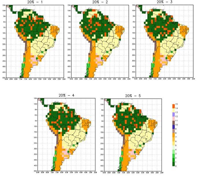 Figura 3.5 Mapa de vegetação sobre a América do Sul (segundo a classificação de Dorman e Sellers) utilizado no experimento desflorestamento aleatório taxa de 20% de desflorestamento.