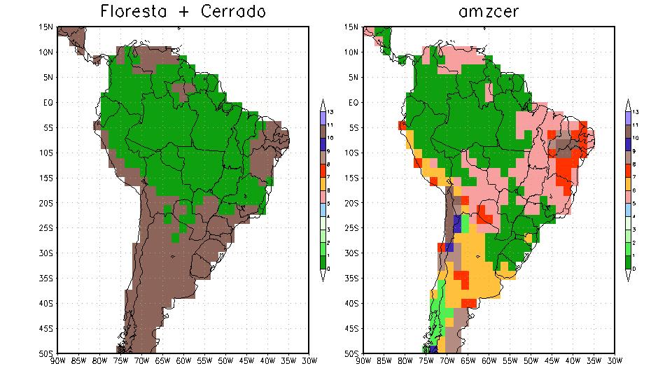 Figura 5.13 Mapa da condição inicial da vegetação para o experimento floresta+cerrado (painel à esquerda) e mapa de vegetação da última iteração do experimento (painel à direita). 5.3 Clima do Novo Estado de Equilíbrio Nas novas situações de equilíbrio, oriundas das integrações descritas na Seção 5.