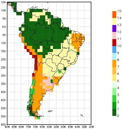Figura 3.1 - Mapa de vegetação sobre a América do Sul utilizado no experimento controle (vide Seção 3.7) de acordo com a classificação de Dorman e Sellers (1989).