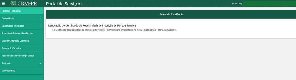 2.3 Empresa - Após Acesso ao Sistema como empresa com número de registro, o sistema lista os serviços acessíveis para seu tipo de acesso