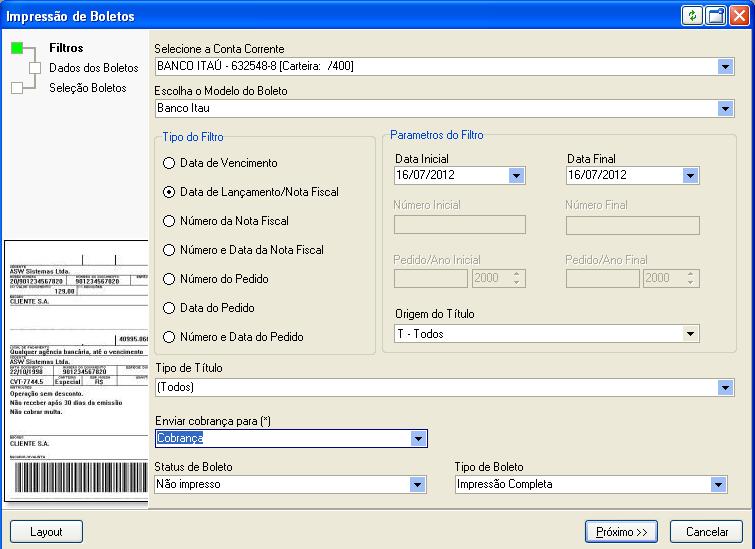 17/39 Faça o Filtro para emissão dos boletos. Conta Corrente. Modelo do Boleto. Tipo de Filtro.