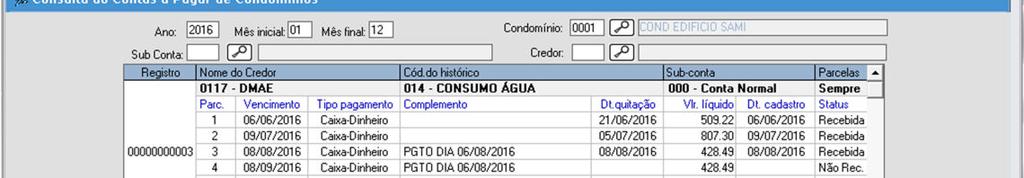 Ano: informe neste campo o ano das parcelas de contas a pagar para pesquisa. Mês inicial: informe neste campo o primeiro mês do ano informado para iniciar a consulta.