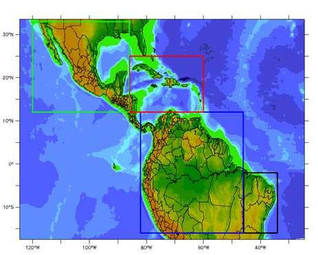 Figura 01: Região de estudo que compreende a região das Américas Tropicais do CORDEX, enfatizando 4 sub-regiões: