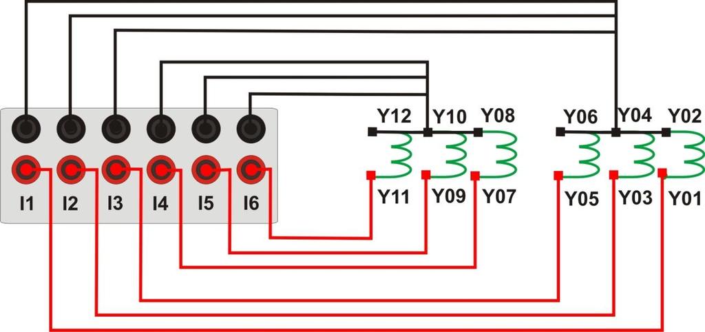 2 Bobinas de Corrente Figura 1 Para estabelecer a conexão das bobinas de corrente, ligue os canais I1, I2 e I3 com os pinos Y01, Y03 e Y05 do terminal do relé e os comuns aos pinos Y02, Y04 e Y06.