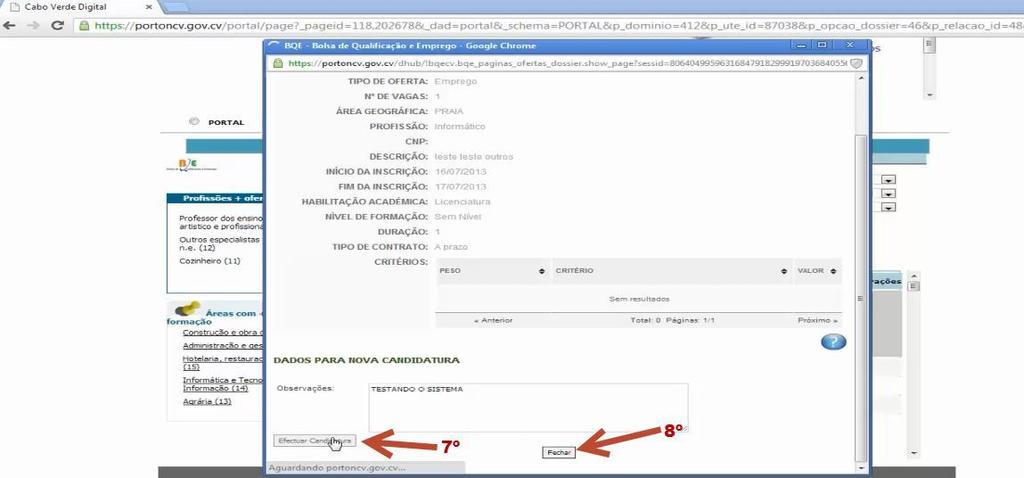 7º - Prima Efectuar Candidatura para submeter a sua candidatura. 8º - Após submeter a candidatura, carregue em Fechar.