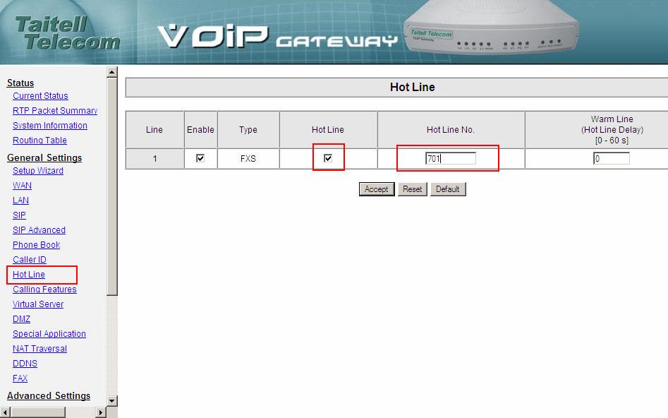 5. Configurando o Hot Line do gateway A (FXS): - No menu Hot Line: No momento em que a porta 801 do gateway A tirar do gancho irá tocar na porta 701 do gateway B e discar na linha