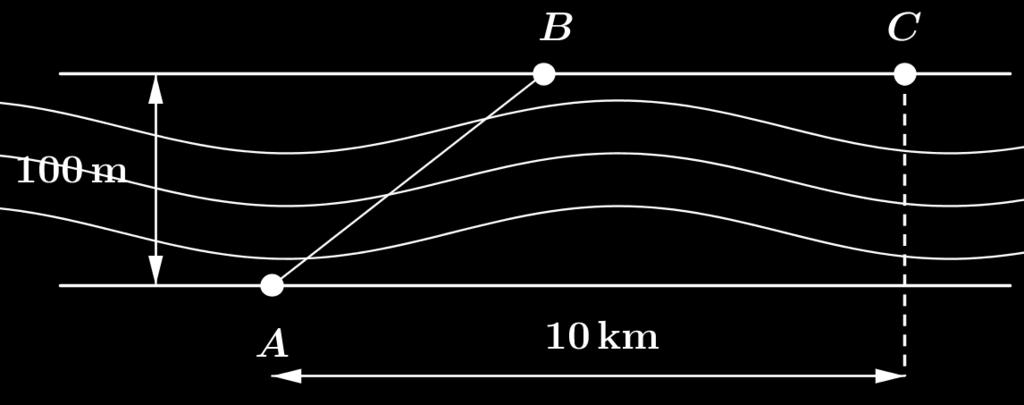 Certa pessoa que se encontra em A, para atingir C, utilizará na travessia do rio (de 100 metros