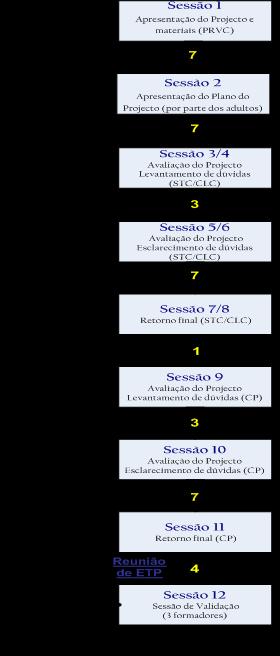 Sessão 1 Apresentação do Projecto e Sessão 2 materiais (PRVC) Apresentação do Plano do Sessão 3/4 Projecto Avaliação (por parte do Projecto dos adultos) Levantamento Sessão de 5/6 dúvidas Avaliação