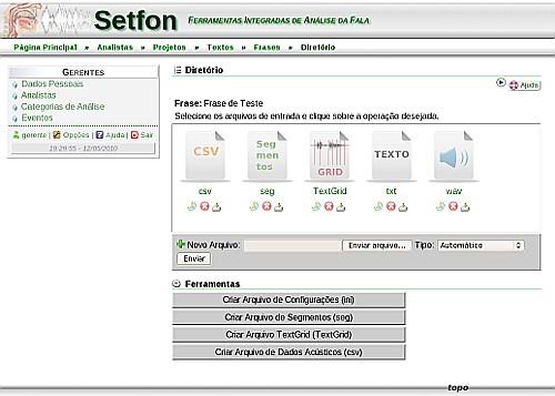 Figura 1: Página principal do Setfon. A principal ferramenta do Setfon é representada na FIG. 1. Trata-se de uma interface Web que dá início ao processo a partir do envio de um arquivo de som de fala e um arquivo de texto (com valores semânticos correspondentes).