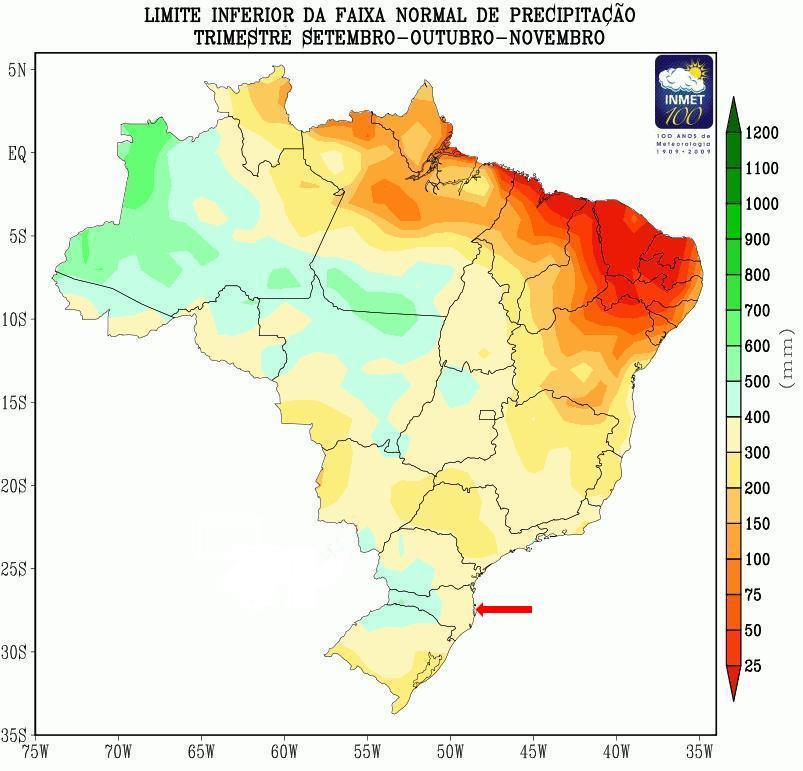 MCTI/INPE/CPTEC-INMET PROGCLIMA, Ano 11, Número 8 LIMITES CLIMATOLÓGICOS DA FAIXA NORMAL PARA O TRIMESTRE SON As Figuras 2 e 3 mostram os valores históricos da precipitação acumulada ao longo do