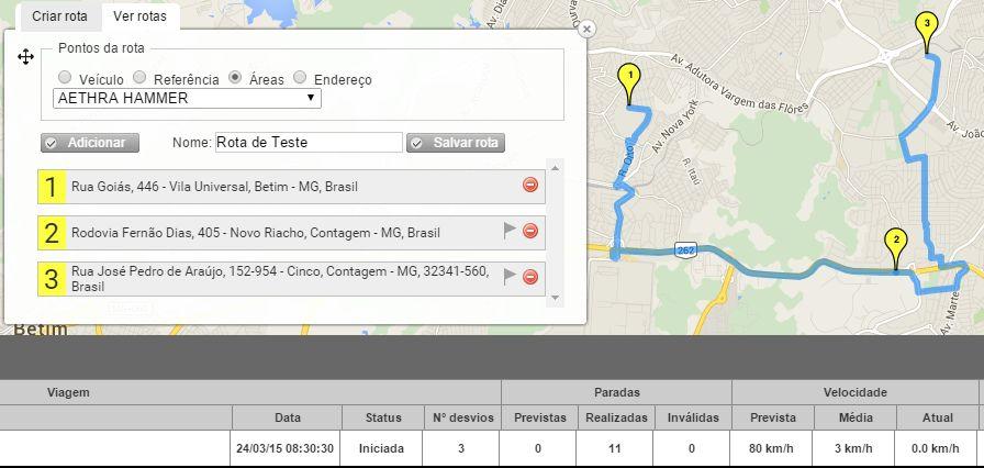 Adicionando checkpoint a rota: a partir do segundo ponto da rota o usuário poderá criar checkpoint através do ícone, após habilitá lo aparecerá os seguintes campos para cadastro: Previsão de passagem