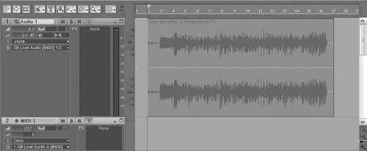 Importamos o arquivo de áudio (em formato mono ou estéreo): este arquivo irá ocupar uma pista única em nosso sistema multipistas. Pista 1 > Gráfico 2. O arquivo tipo WAV ocupa a pista estéreo Audio 1.