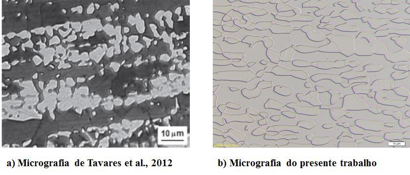 66 Figura 44 Comparativo das micrografias, sendo a) de Tavares et. al, 2012 e b) do presente trabalho solubilizado à 1100 C. 5.3.