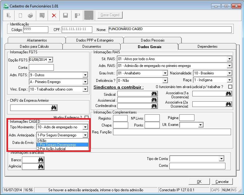 Na aba de Dados Gerais, foram disponibilizados os campos Adm. Antecipada, onde iremos informar 0- Não se trata de uma admissão antecipada ou 1- Por seguro desemprego ou 2- Por Ação Judicial.
