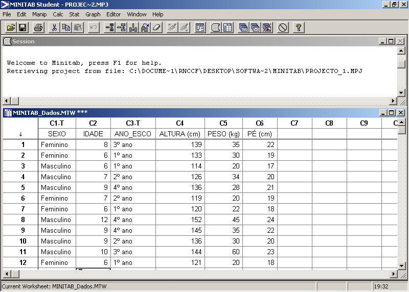 8 Software Estatístico-Uma introdução a alguns aplicativos, numa abordagem inicial dos dados 8 Cada folha de cálculo tem a sua própria janela de dados.