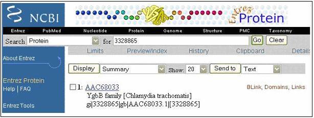 113 Figura 30 : Pesquisa por uma proteína no sítio do NCBI 2) Clicar em Blink para recuperar a lista completa de hits do BLAST. Para a seqüência em questão, chega-se ao resultado da figura 31.