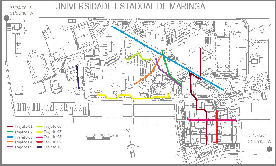 Figura 2 Trajetos selecionados Tabela 1 Numeração dos trajetos selecionados na UEM N o Trajeto N o Trajeto 01 Reitoria Bloco C67 06 Bloco J57 Bloco G56 02 RU Bloco G68 07 Bloco T02 BCE 03 Bloco B12