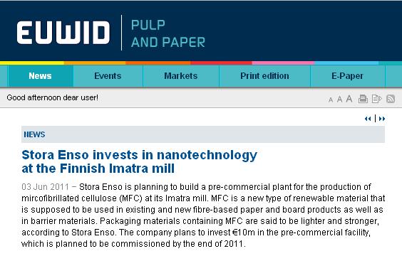 NEWS: STORA ENSO INVESTS IN NANOTECHNOLOGY AT THE FINNISH