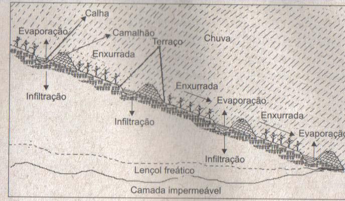 CONSERVAÇÃO DE ÁGUA E SOLO:TERRAÇOS DE RETENÇÃO Principais vantagens: Reduz a