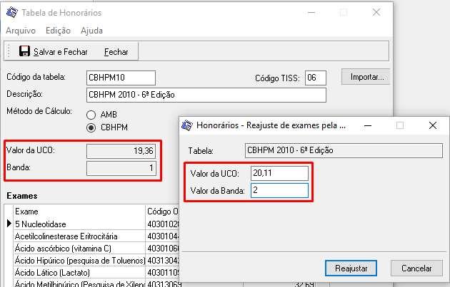campo Coeficiente de Honorários, Valor do CH o novo valor. Ao clicar em reajustar, os preços da tabela serão recalculados. É necessário salvar a tabela em seguida para gravar as alterações.