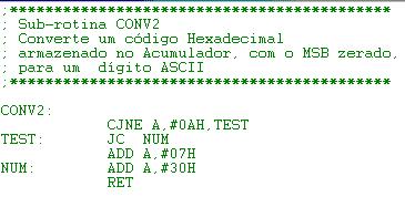 Exemplo Conversão HEXA-ASCII de dois dígitos O conteúdo do Acumulador contém o código 3F Hexadecimal (8 Bits) que deverá ser enviado