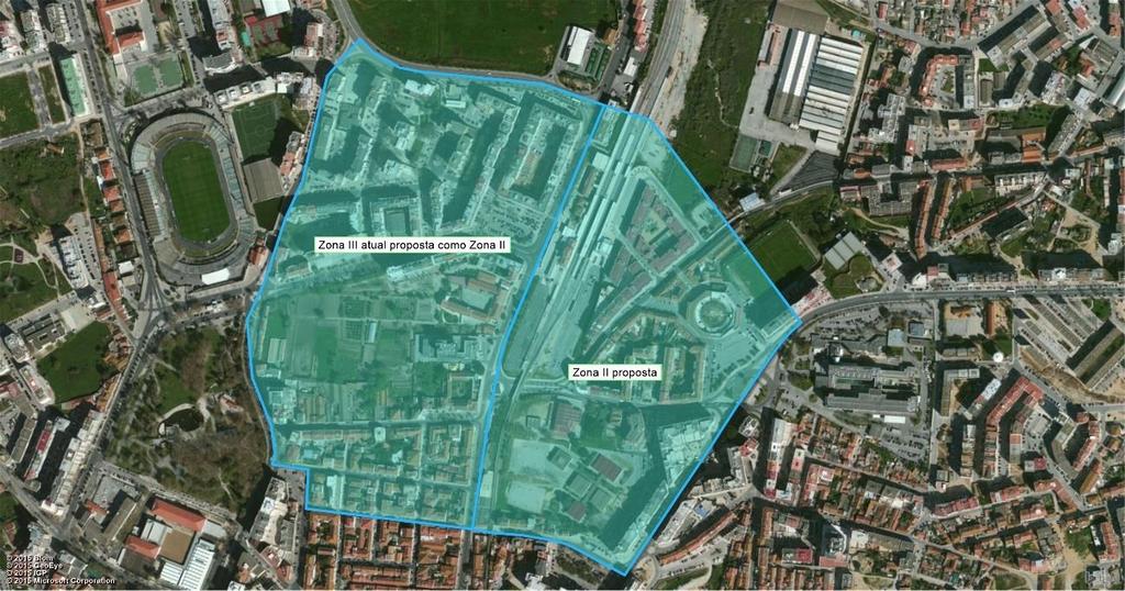 Figura 69 Zona de estacionamento de duração limitada proposta na envolvente da estação Fonte: Bing Maps O alargamento da zona de estacionamento tarifado da cidade à zona a sul da Av. Luísa Todi.