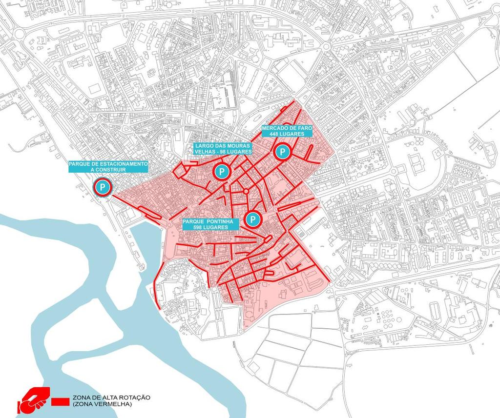 Neste contexto são propostas três zonas que se encontram delimitadas da seguinte forma: Zona de Alta Rotação (zona vermelha) a área delimitada pelas vias que atualmente têm estacionamento tarifado