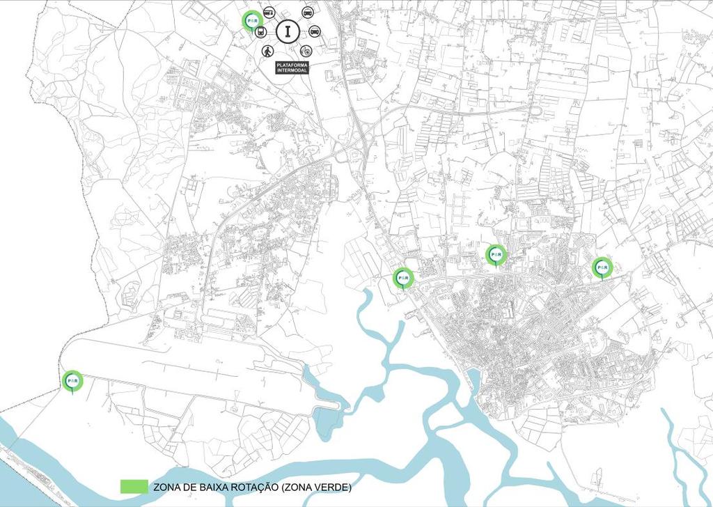 Zona de Baixa Rotação (zona verde) parques dissuasores, com as tarifas mais reduzidas (ou eventualmente gratuito), devendo estas ter duas opções: preço apenas para o estacionamento e preço para o