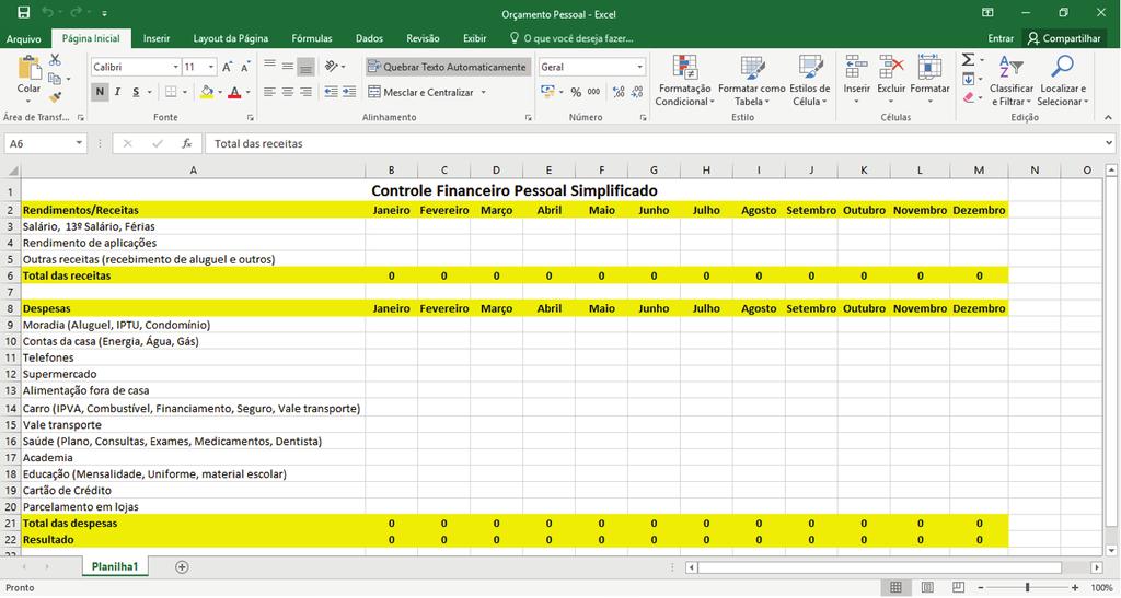 Veja o passo a passo de como criar a tabela de controle financeiro no Excel Observe a figura a seguir, será essa a tabela que iremos montar, formatar e inserir as fórmulas que irão calcular suas