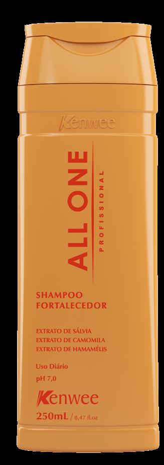 ALL ONE - HOME CARE SHAMPOO FORTALECEDOR: Rico em extratos vegetais de camomila, sávia e hamamélis, que reduz a queda, hidrata, fortalece, tornando os fios mais fortes e resistentes.