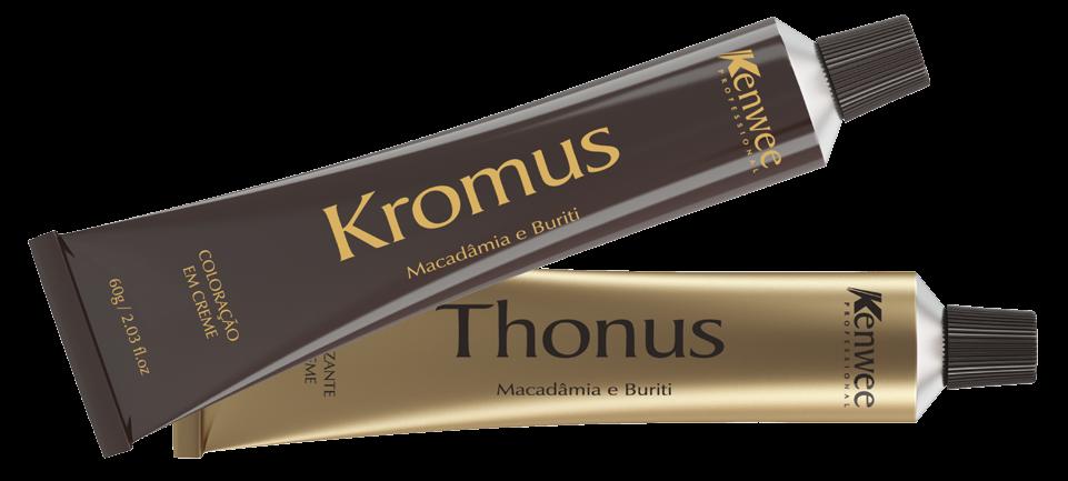Kromus & Thonus A Coloração Kromus é formulada com pigmentos de última geração, que aumentam a durabilidade da cor e previnem o desbotamento, oferecendo total cobertura dos cabelos brancos.