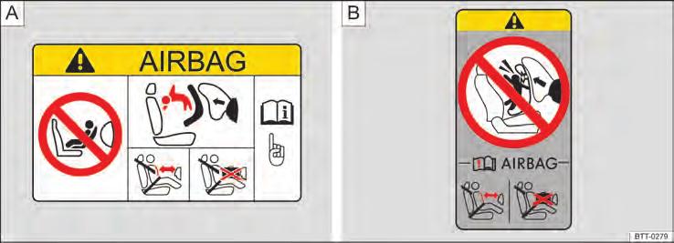 Informações básicas para instalação e utilização de cadeiras de criança 152.5B1.JBJ.66 Fig. 89 Representação esquemática: etiqueta do airbag no para-sol ou na coluna B. de segurança na página 142.