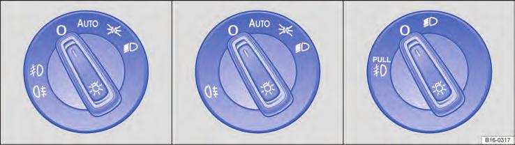 Ligar e desligar as luzes Fig. 95 Ao lado do volante: representação de algumas variantes do interruptor das luzes. de segurança na página 150.