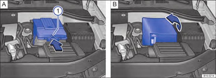Verificar o nível de eletrólito da bateria do veículo 12 V Fig. 194 Bateria 12 V do veículo no compartimento do motor: variante 1: remover a cobertura de plástico.