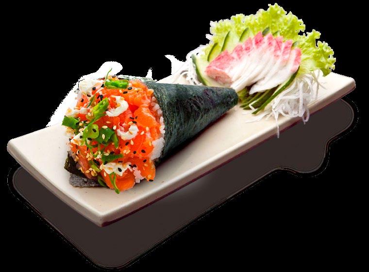 .. R$29,90 Salmon temaki, shrimp, cheese cream and chives 20190 Temaki de Salmão e Camarão Empanado c/ Cream Cheese e Cebolinha.