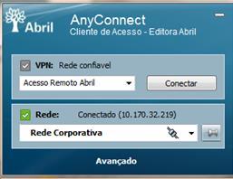 Conectando a VPN - Notebook O acesso remoto (VPN) será realizado pelo Anyconnect. Assim que estiver fora da rede Abril e conectado a internet, a VPN será conectada automaticamente.