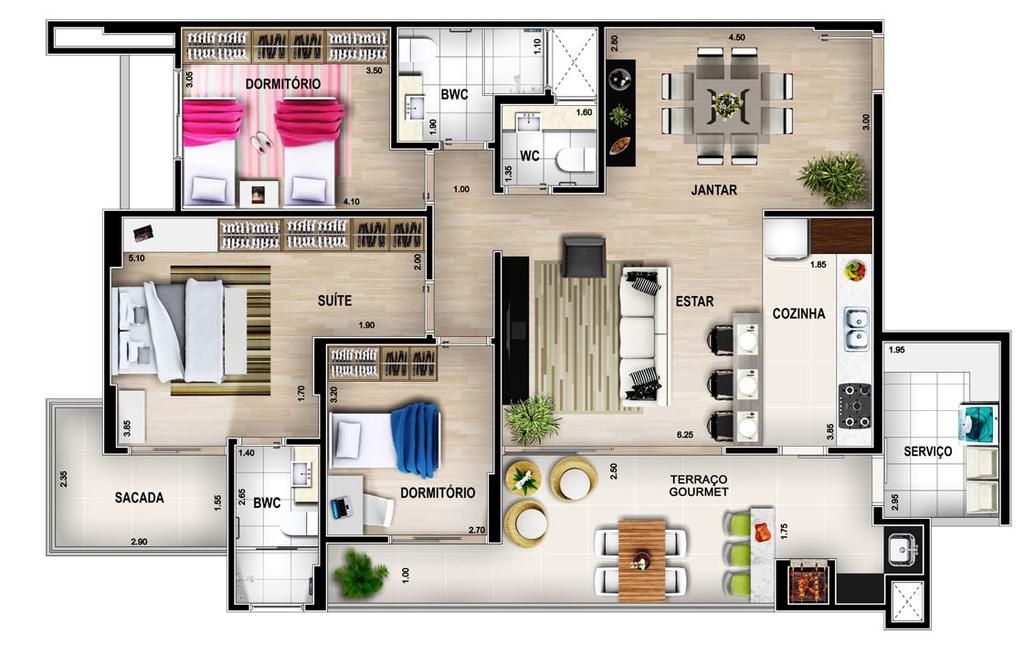 Apartamento tipo A 137,37 m² Privativo Área total de 231,49 m² 1 suíte mais 2 dormitórios Dormitórios com janelas e venezianas integradas Banheiros com pisos e revestimentos em porcelanato Piso