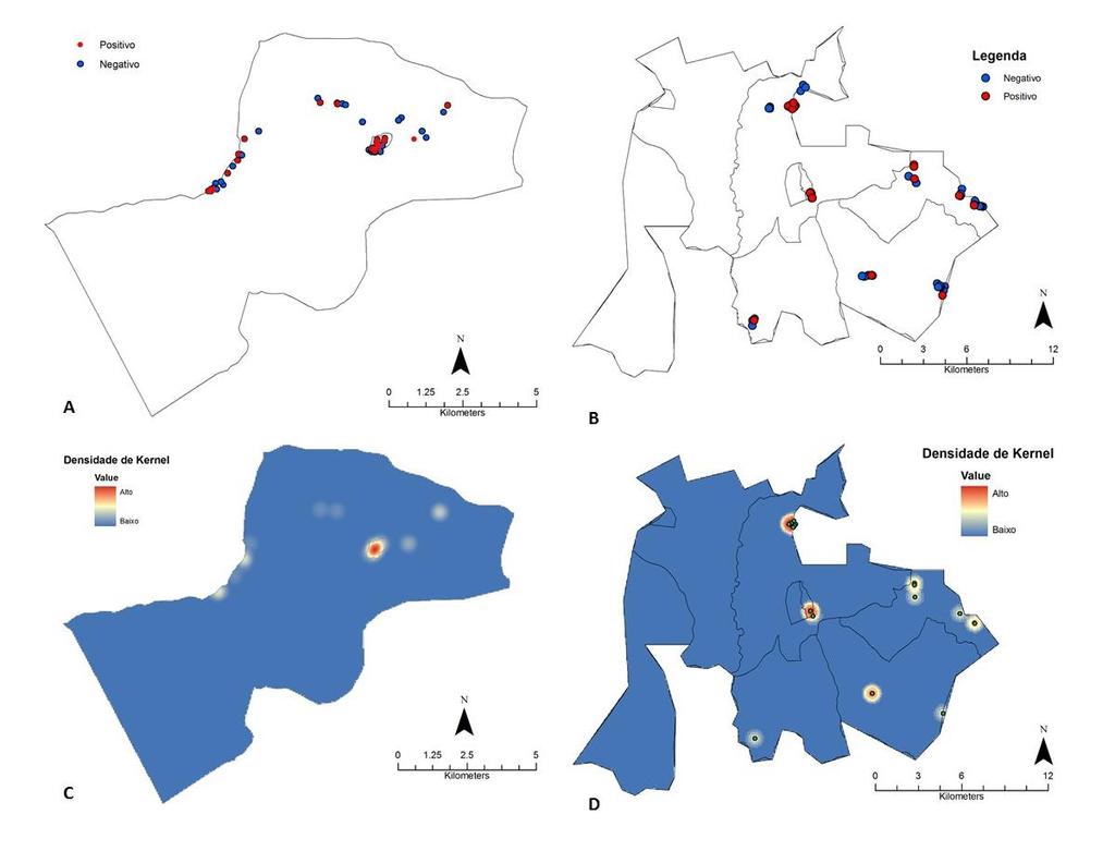 Figura 6 Demonstração pontual de indivíduos positivos (vermelho) e negativos (azul) para Giardia duodenalis no exame coproparasitológico em Russas-CE (A) e Nossa Senhora de Nazaré-PI (B).