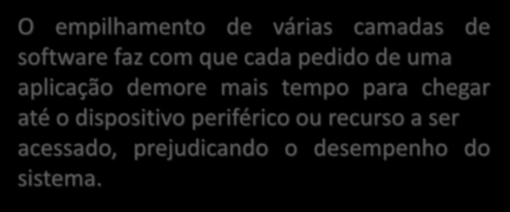 Sistemas em camadas O empilhamento de várias camadas de software faz com que cada pedido de uma aplicação demore