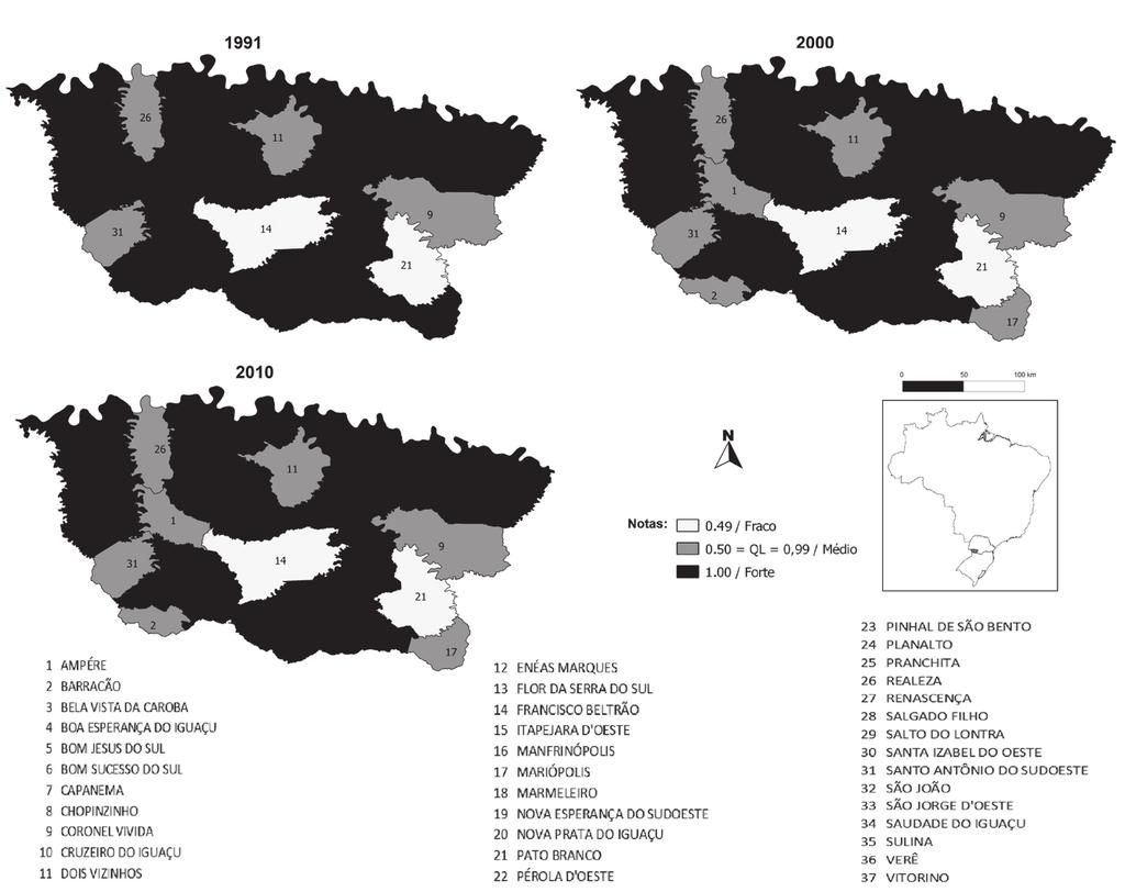 178 Migração numa fronteira... Figura 4: Quociente locacional da população rural dos municípios da mesorregião sudoeste paranaense 1991, 2000 e 2010 Fonte: Resultados da pesquisa.