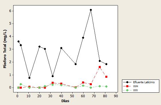 P á g i n a 57 A variação na concentração de P-total no sistema ocorreu de forma similar a DQO e ao NTK. Os valores de concentração de P-total no efluente de latícinios alcançaram valores de até 6 mg.