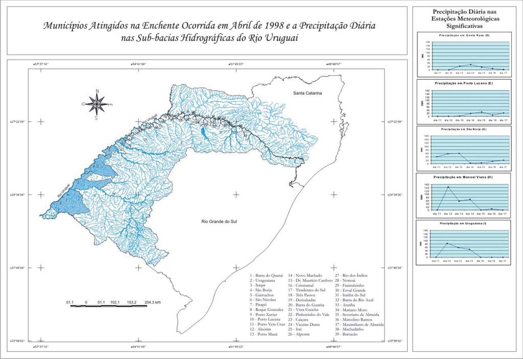 FIGURA 19: Mapa dos municípios atingidos e precipitação diária. 5. CONSIDERAÇÕES FINAIS: Todos os rios têm sua área natural de inundação e esse fenômeno não é, necessariamente, sinônimo de catástrofe.