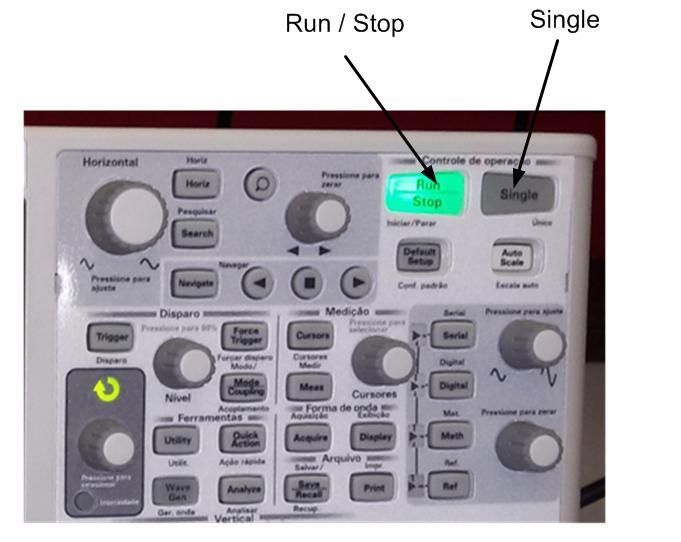 Figura 3 - Botões Run/Stop e Single Passo 4: Se necessário: 4.1) Desligue os cursores: aperte o botão "cursor" para desligar os cursores. 4.2) Zere o tempo de retardo: aperte o botão giratório indicado na Figura 1 e gire para zerar o tempo de retardo.