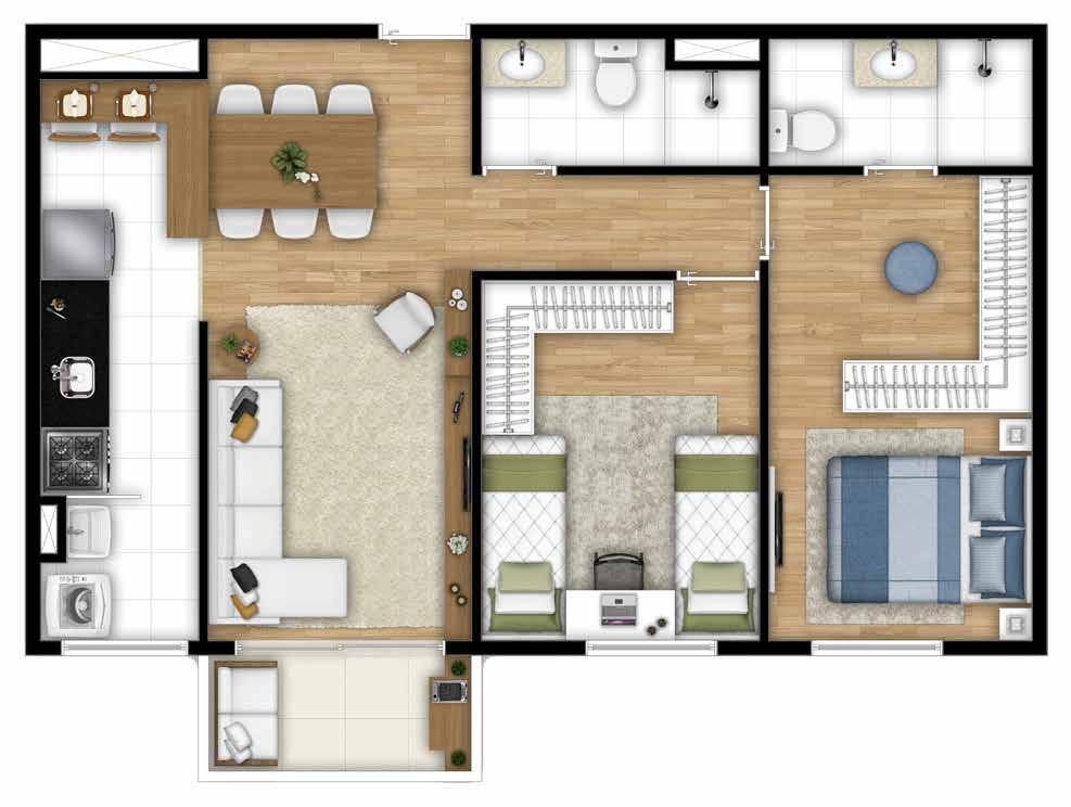 2 dorms. (suíte) terraço grill Planta tipo Meio com 61,52 m².