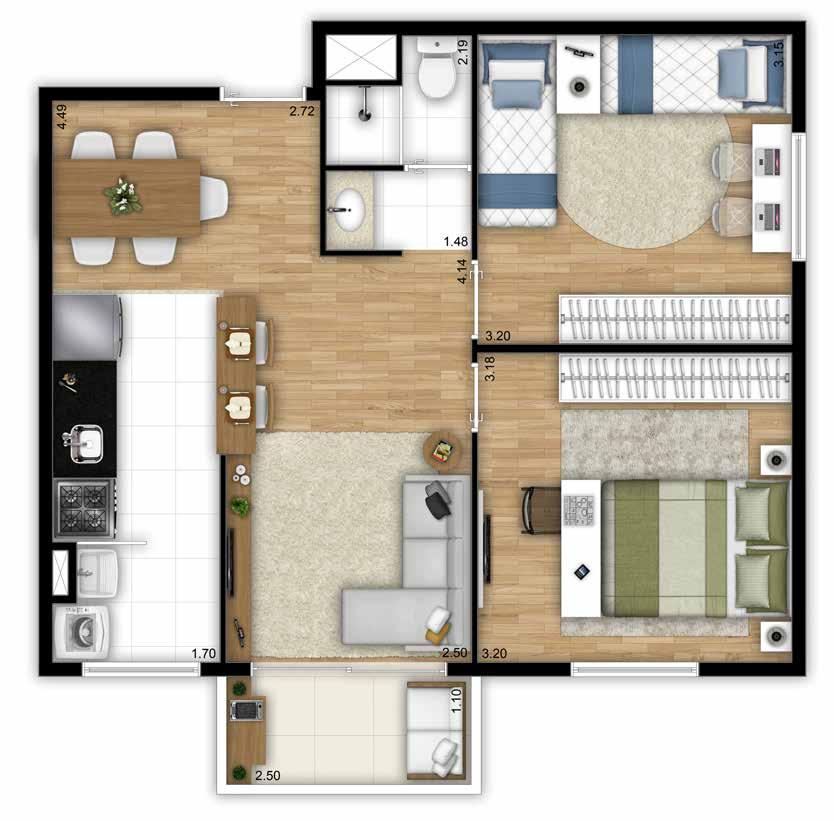 2 dorms. terraço grill Planta tipo Ponta com 54,06 m².