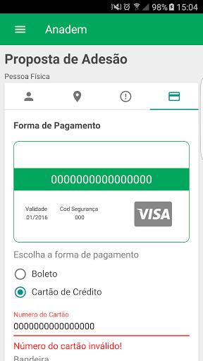 Selecione a forma de pagamento adequada para o seu plano de adesão, podendo ser boleto ou cartão de crédito, e o ciclo de pagamento para a adesão.