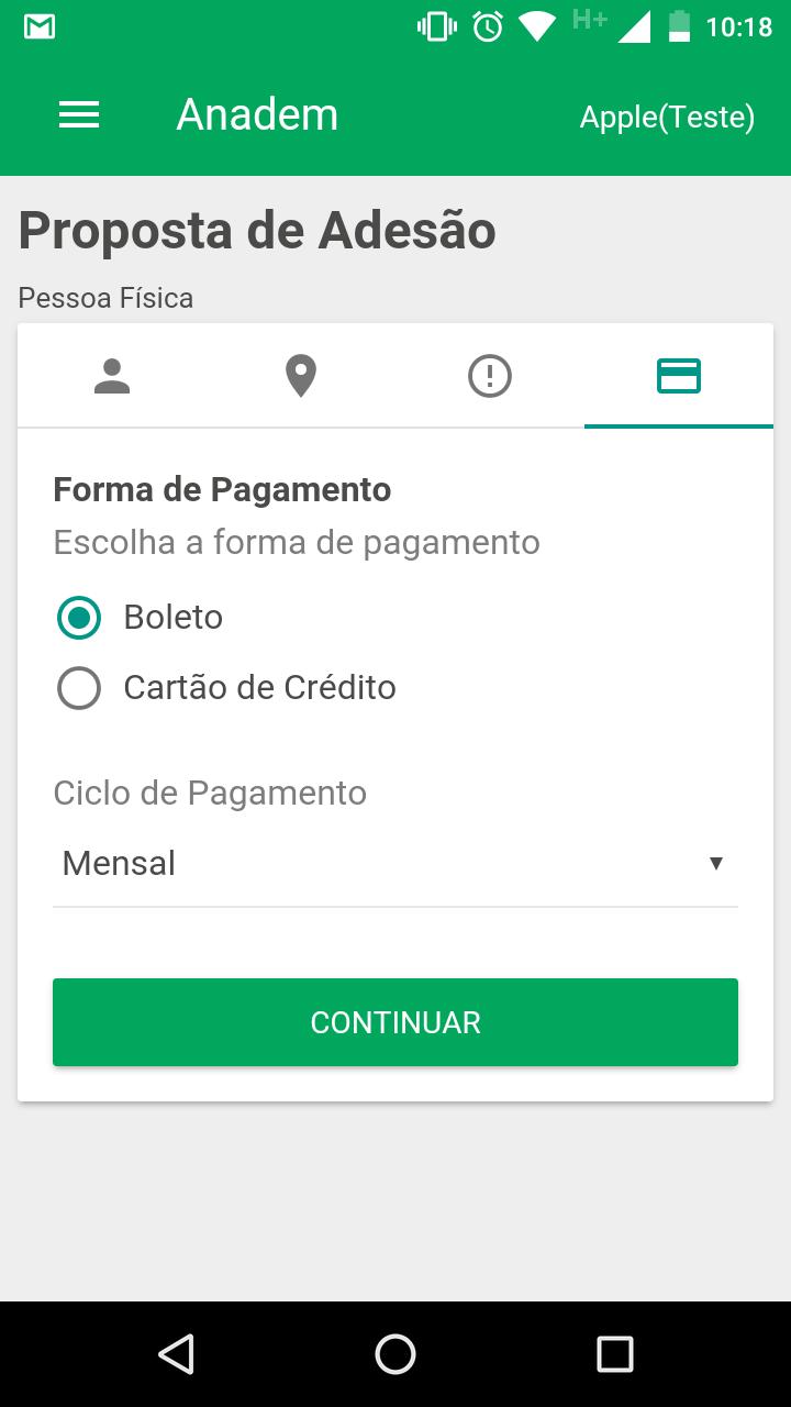 Se for selecionada a opção de pagamento em cartão de crédito, forneça as informações referentes para o pagamento da adesão, conforme ilustrado abaixo.