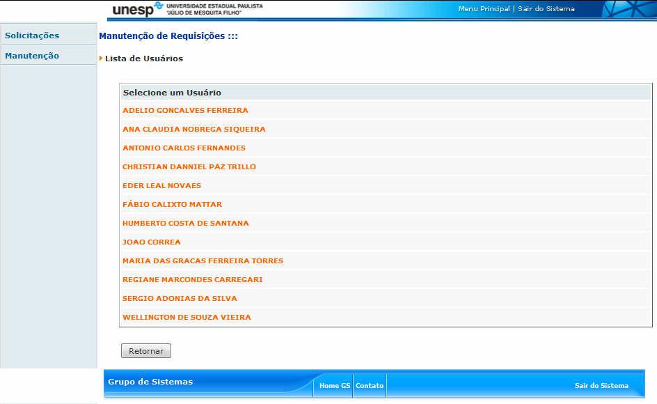 Tela com a Lista dos Usuários do Sistema