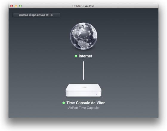 Acesso à consola do AirPort, clique na TimeCapsule ou TimeMachine Se ambos os "leds" estiverem verde, é sinal que há ligação à Internet e que está tudo OK.