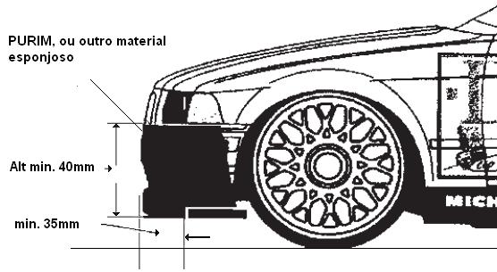 b) O pára-choques tem de ser desenhado de forma a preencher a parte frontal da carroçaria por completo e ter uma altura mínima de 40 mm, estando, pelo menos a 35 mm para além do suporte do mesmo.